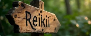 Деревянный указатель с надписью "Reiki" на фоне зелёного леса, символизирующий путь к практике рейки и гармонии с природой.
