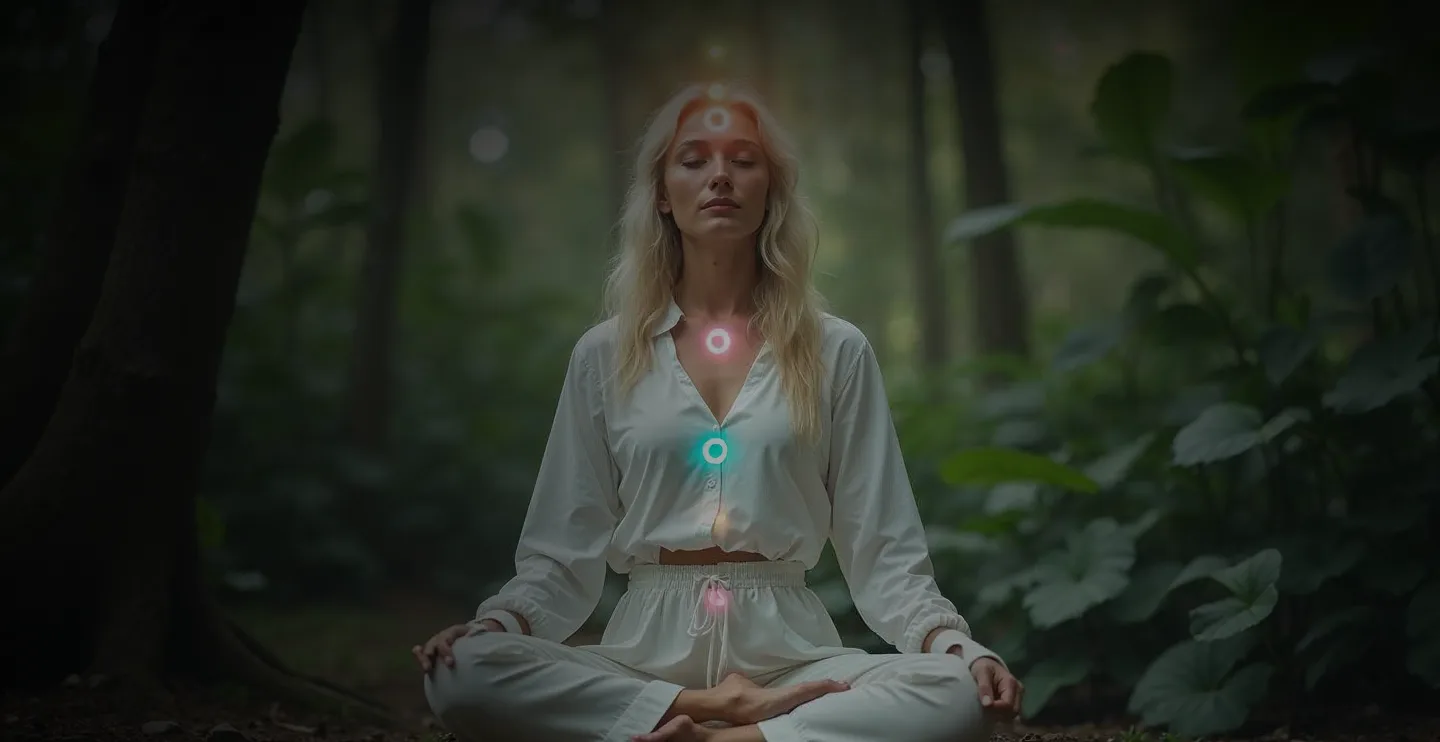 Женщина в белой одежде медитирует на природе, окруженная зелеными растениями, с видимыми чакрами, символизирующими гармонию и внутренний баланс.