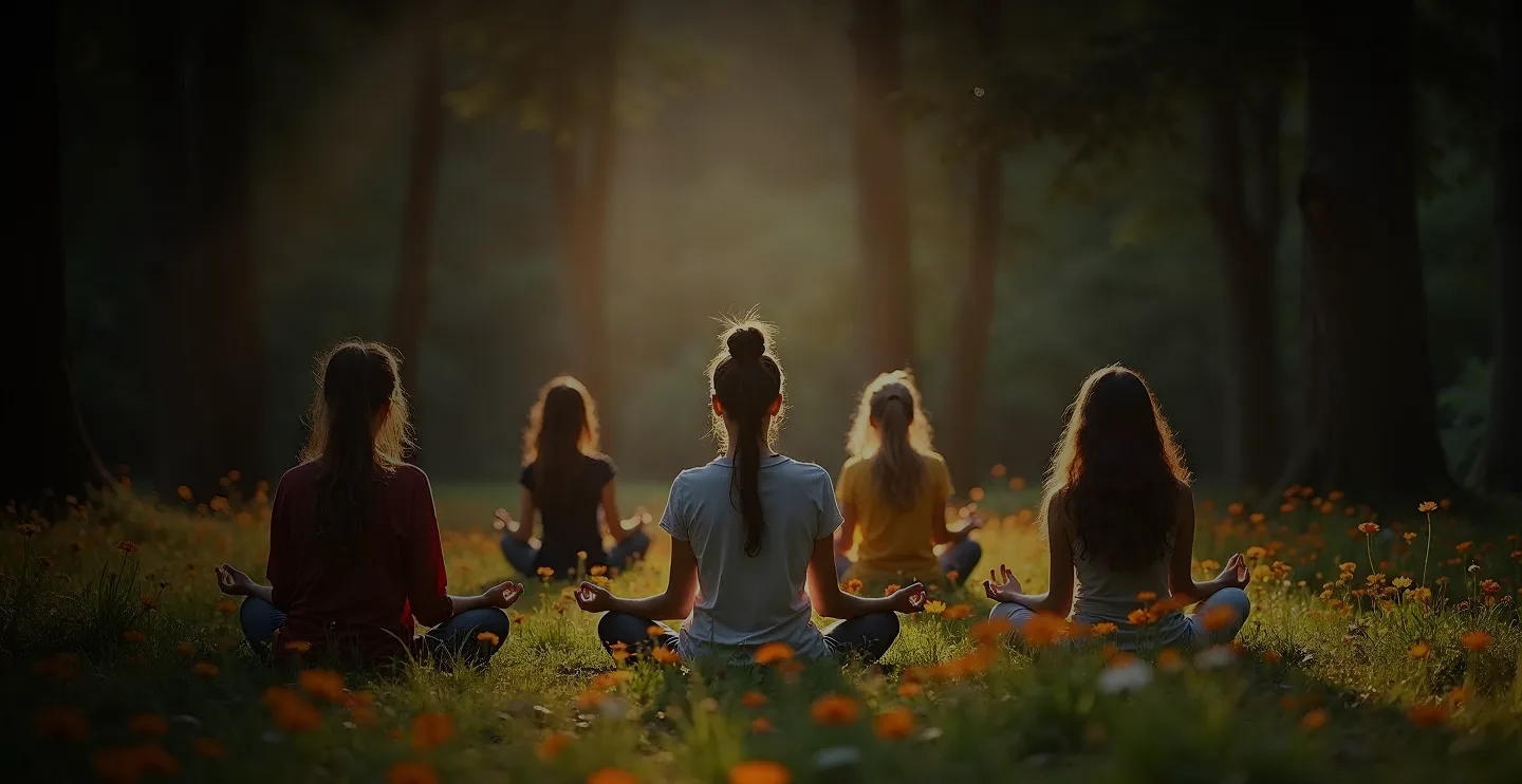 Группа людей, медитирующих на траве в лесу среди цветов, с мягким светом, проникающим сквозь деревья.