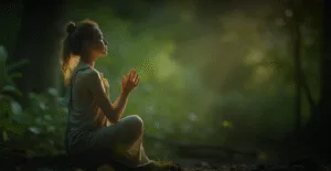 Женщина в светлом одеянии сидит на земле в лесу, склонив голову и сложив руки в молитвенной позе, на фоне зелёной растительности и мягкого освещения.