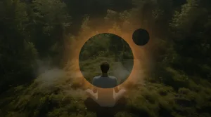 Медитирующий человек на фоне леса, окруженный ореолами света, символизирующими внутренний покой и гармонию с природой.