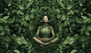 Женщина в зеленом наряде медитирует на фоне густой зелени, символизируя гармонию с природой и внутренний покой.
