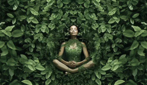 Женщина в зеленом наряде медитирует на фоне густой зелени, символизируя гармонию с природой и внутренний покой.