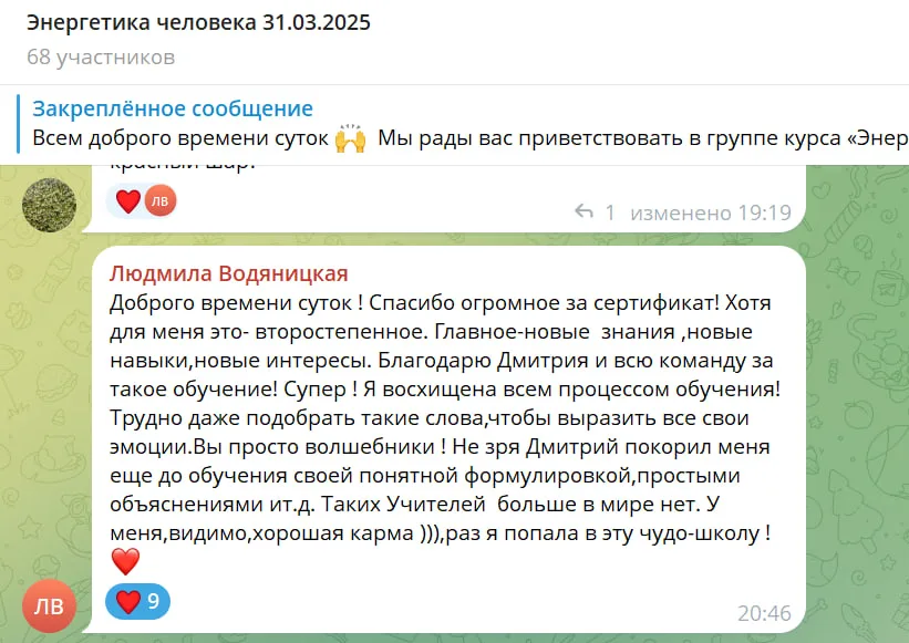 Обсуждение участников курса "Энергетика человека" в чате, где Людмила Водяницкая выражает благодарность за сертификат и обучение, делится положительными эмоциями и впечатлениями о преподавателе Дмитрии.