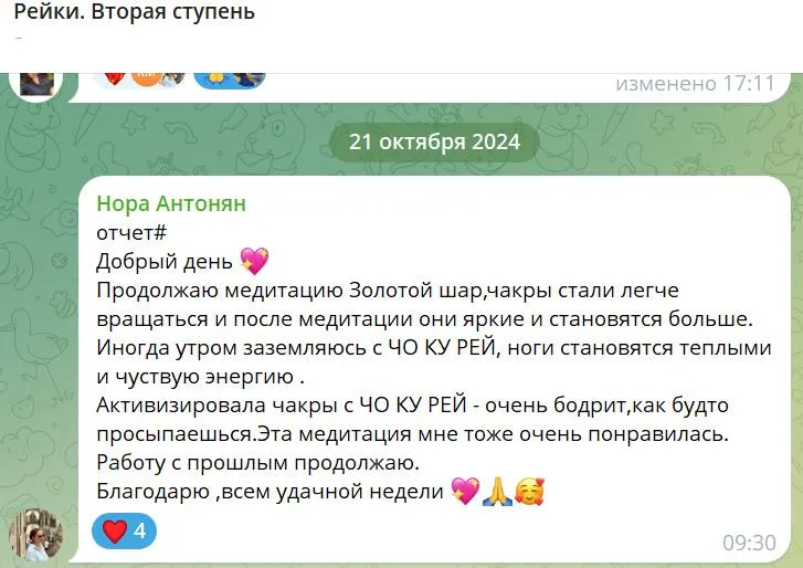 Отчет о практике Рейки, медитации и активации чакр. Пользователь делится опытом медитации с использованием Золотого шара и Чо Ку Рей, отмечая улучшение энергии и состояния.