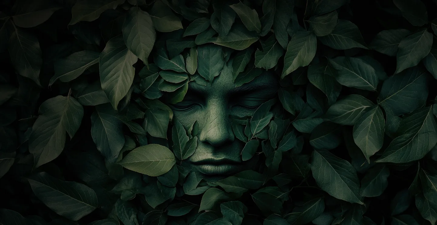 Лицо, покрытое зелеными листьями, создающее эффект слияния с природой, символизирующее гармонию с окружающей средой и экологическую тему.