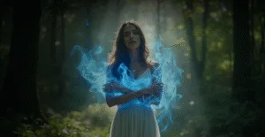 Женщина в белом платье с голубым светящимся эффектом в лесу, окруженная зелеными деревьями и мягким светом.