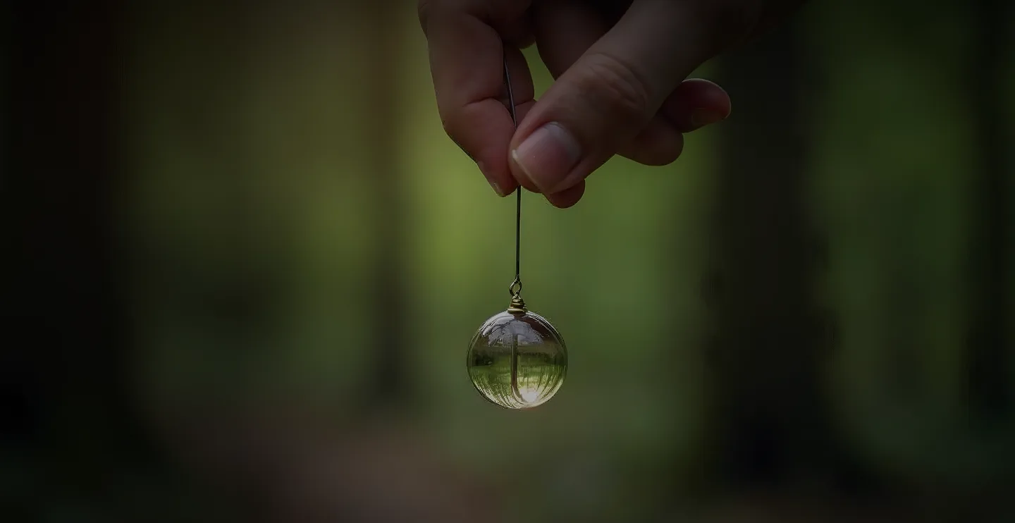 Рука держит прозрачный стеклянный шарик на нитке на фоне леса, создавая атмосферу загадочности и волшебства.