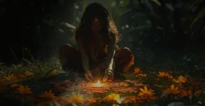 Женщина в традиционной одежде сидит на траве и создает узор из цветочных лепестков, окружая маленький огонь, в фоне тропического леса.