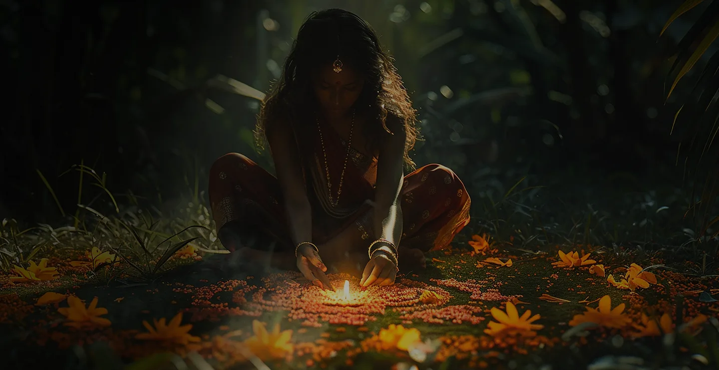 Женщина в традиционной одежде сидит на траве и создает узор из цветочных лепестков, окружая маленький огонь, в фоне тропического леса.