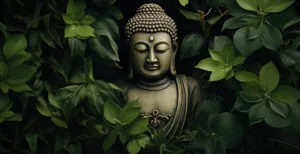 Изображение статуи Будды, окруженной зелеными растениями, символизирующими гармонию и спокойствие в природе.