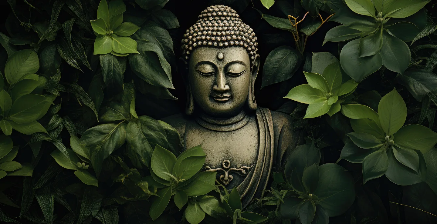 Изображение статуи Будды, окруженной зелеными растениями, символизирующими гармонию и спокойствие в природе.