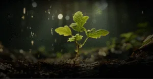 Молодое растение с зелеными листьями на фоне темного леса, капли воды падают на почву, создавая атмосферу свежести и жизни.