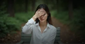 Женщина в белой рубашке сидит на скамейке в парке, прикрыв лицо рукой, выражая задумчивость или стресс на фоне зеленого леса.