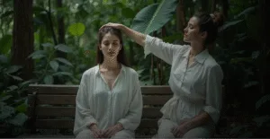 Две женщины в белой одежде сидят на скамейке в тропическом лесу. Одна из них закрывает глаза и расслабляется, а другая нежно касается её головы, создавая атмосферу спокойствия и умиротворения. Фон окружён зелеными растениями, подчеркивающими гармонию с природой.