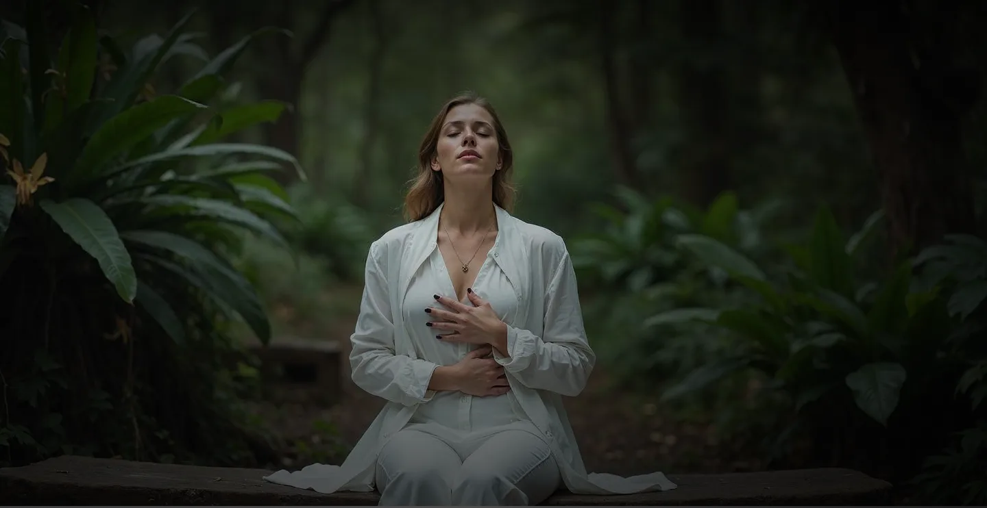 Женщина в белом одеянии медитирует на скамейке в лесу среди зелёных растений, создавая атмосферу спокойствия и гармонии.