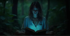 Женщина в белой рубашке сидит на земле в лесу, погруженная в чтение книги, из которой исходит мягкий голубой свет, создающий атмосферу загадочности и уединения.