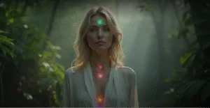 Женщина с длинными светлыми волосами стоит в лесу, окруженная зелеными растениями, с яркими цветными кругами на груди, символизирующими чакры. Мягкий свет проникает сквозь деревья, создавая атмосферу спокойствия и гармонии.