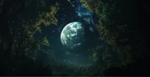 Изображение ночного леса с ярко освещенной планетой на фоне звёздного неба и падающей кометы, создающее атмосферу загадочности и красоты природы.