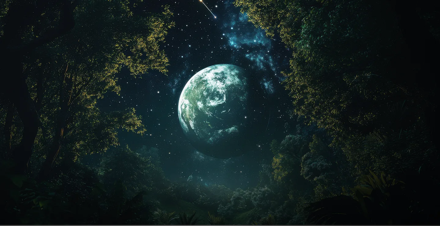 Изображение ночного леса с ярко освещенной планетой на фоне звёздного неба и падающей кометы, создающее атмосферу загадочности и красоты природы.