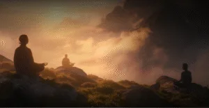 На изображении три человека медитируют на скалах на фоне горного пейзажа и облаков в мягком свете заката, создавая атмосферу спокойствия и умиротворения.