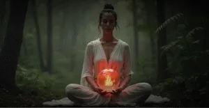 Женщина в белом одеянии медитирует на лесной поляне, держа в руках сияющий красный шар с огнем внутри, создавая атмосферу мистики и спокойствия.