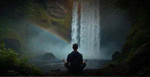 Мужчина в позе медитации на берегу водопада с радугой, окруженный зелеными деревьями и камнями, создает атмосферу спокойствия и гармонии с природой.