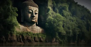 Большая статуя Будды, вырезанная в скале, окруженная зелеными деревьями и растительностью, на фоне спокойной воды.
