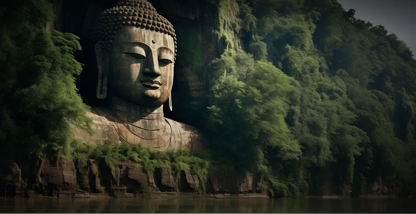 Большая статуя Будды, вырезанная в скале, окруженная зелеными деревьями и растительностью, на фоне спокойной воды.