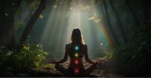 Женщина медитирует на природе, сидя на земле среди деревьев, с яркими энергетическими центрами, символизирующими чакры, на спине. Солнечные лучи проникают сквозь листву, создавая атмосферу спокойствия и гармонии.