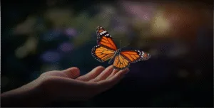 Красивая бабочка монарх, сидящая на руке человека, на фоне размытого цветочного пейзажа.