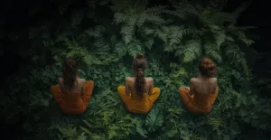 Три женщины в оранжевых нарядах медитируют на зелёном фоне из папоротников и растений, создавая атмосферу спокойствия и единения с природой.