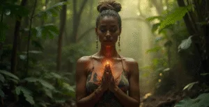 Женщина в лесу с зажженной свечой, символизирующей медитацию и внутренний свет, окруженная зелеными растениями и мягким освещением.