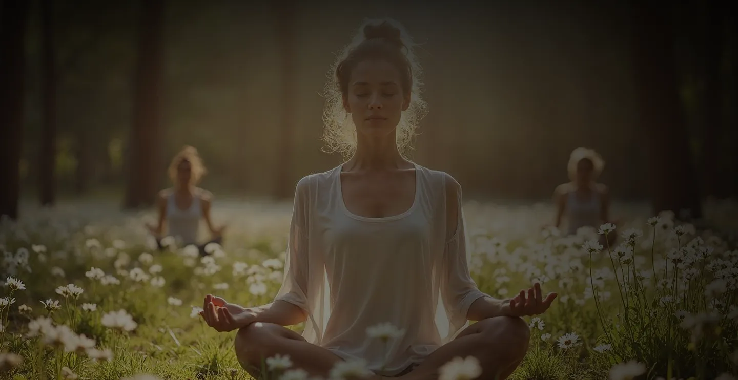 Женщина в белой одежде медитирует на цветущем лугу, окруженная другими практикующими, в солнечном лесном пейзаже.