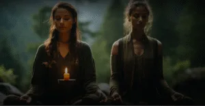 Две женщины медитируют на фоне природы, окруженные зелеными деревьями. На переднем плане горит свеча, создавая атмосферу спокойствия и умиротворения.