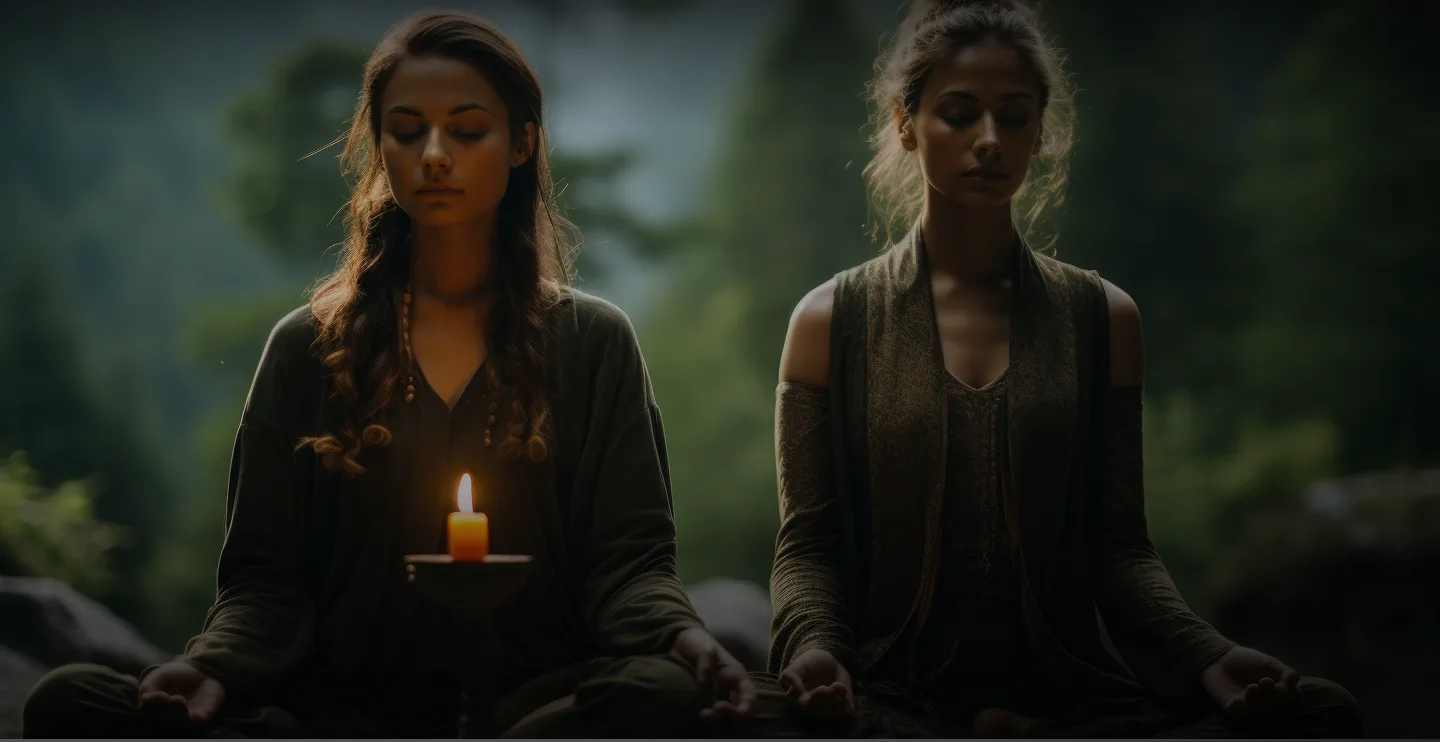 Две женщины медитируют на фоне природы, окруженные зелеными деревьями. На переднем плане горит свеча, создавая атмосферу спокойствия и умиротворения.